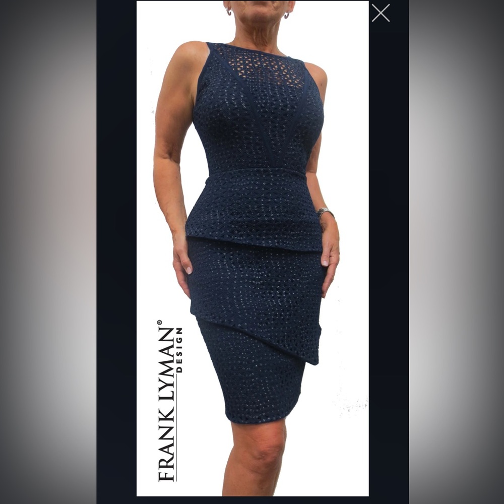 Frank Lyman Stylish navy/silver cocktail dress with slimming asymmetrical tiers